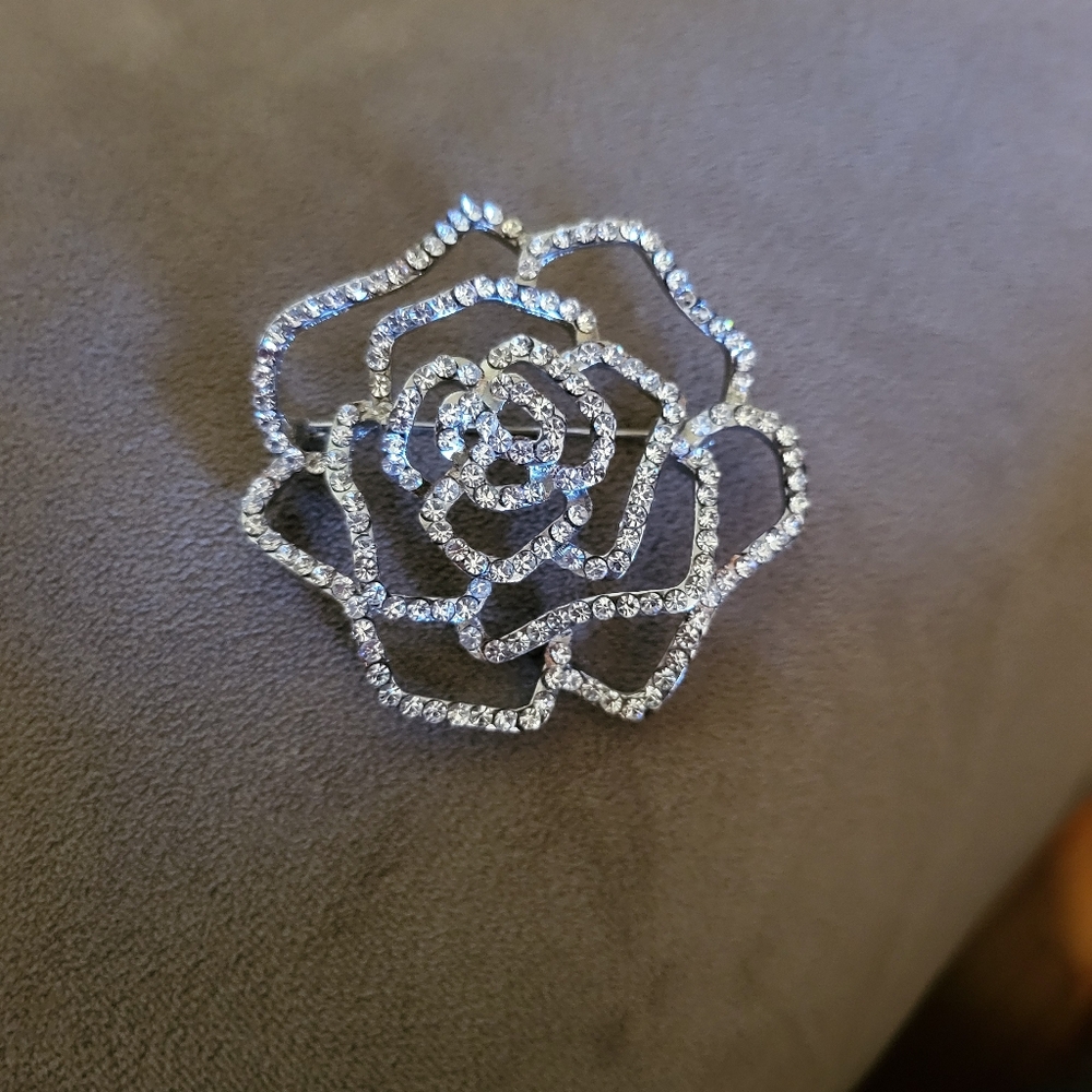 Silver Tone Crystal Floral Brooch